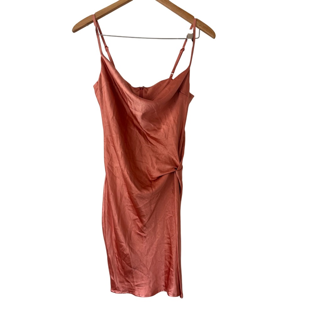 Y2K Satin Cowl Neck Mini Slip Dress Coral Pink Adjustable Straps Womens Med NWT